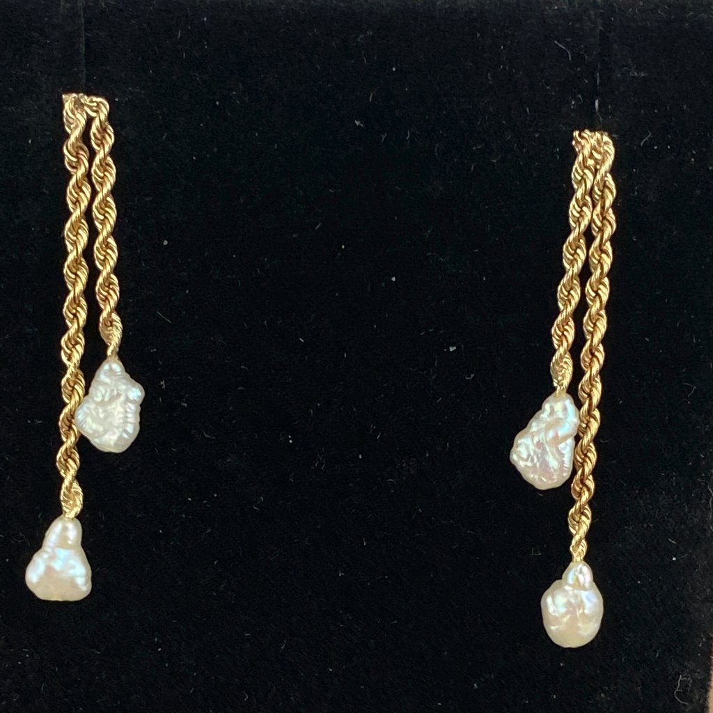 Vintage 14k Gold 1.5 Mm Rope Chain Earrings 2 Strands With 3x4mm Rice Pearls
